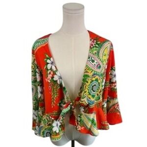 Mustard Seed Floral Print Tie Front Blouse Bell Sleeve Top Orange Size Medium